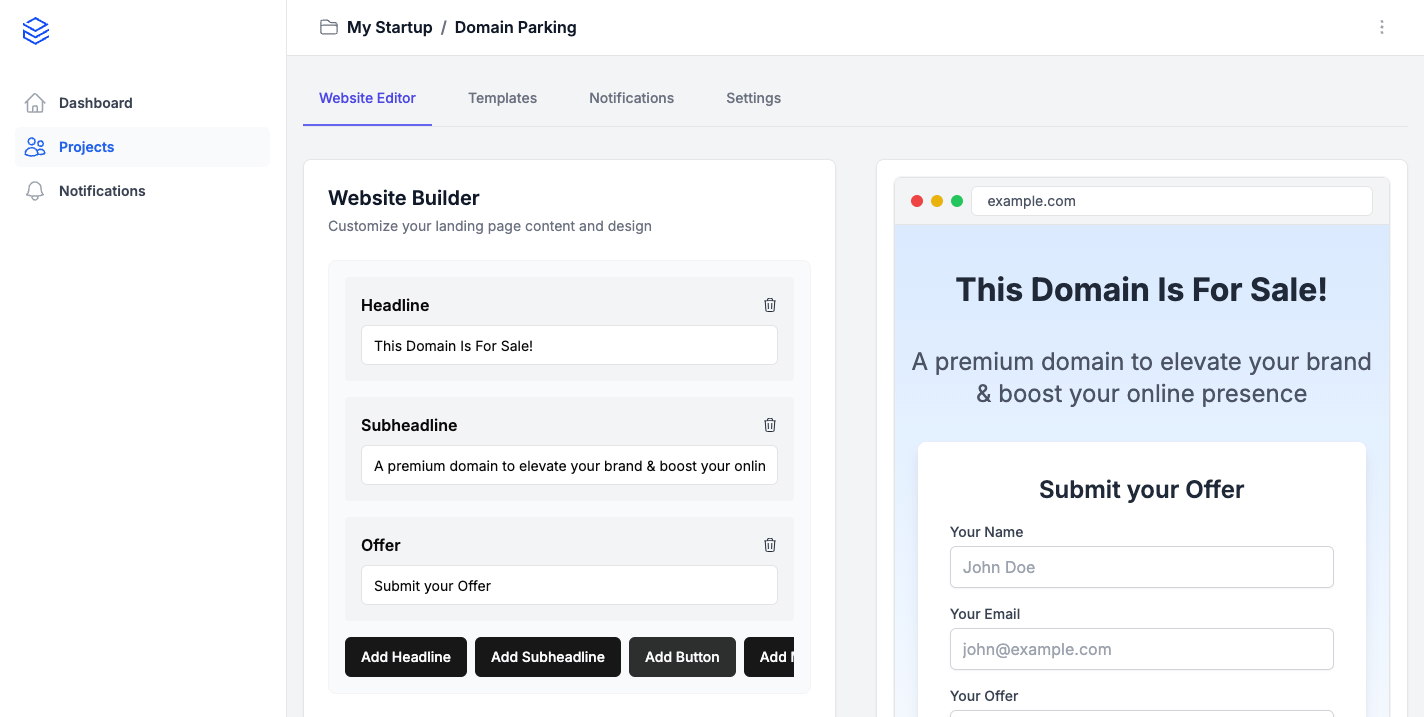 Domain Parking Dashboard